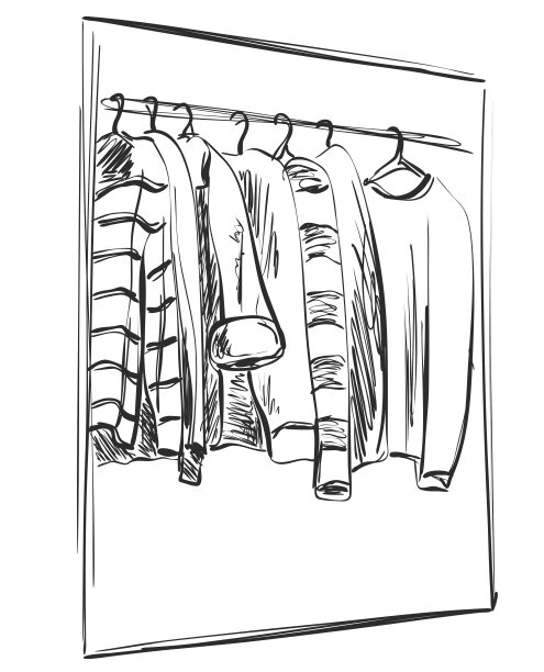 衣柜草图。衣服挂在衣架上。图片下载