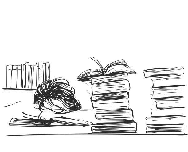 年轻女子睡在桌子的书中间。图片下载