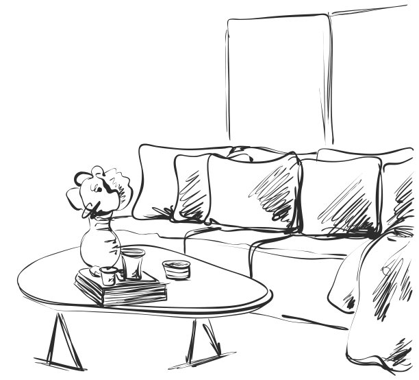 手绘室内。沙发和桌子。书图片下载