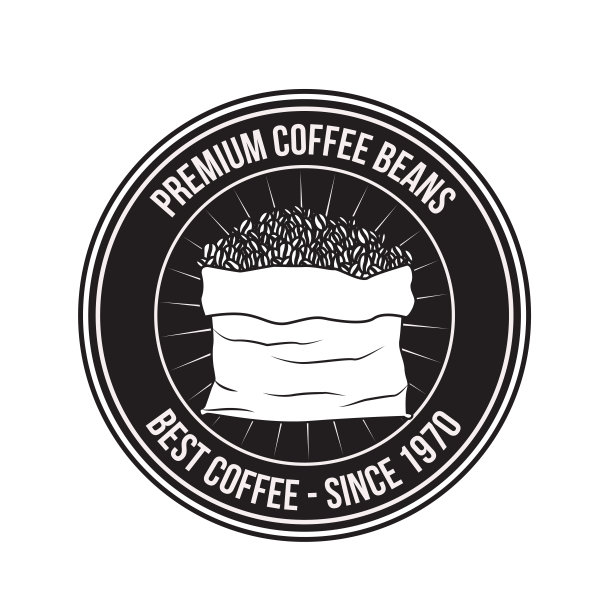白色背景的标志设计的圆形框架优质咖啡豆自1970年以来最好的咖啡与袋满咖啡豆图片下载