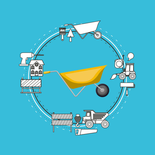 彩色背景的圆形框架与手推车和工具的建设周围图片下载