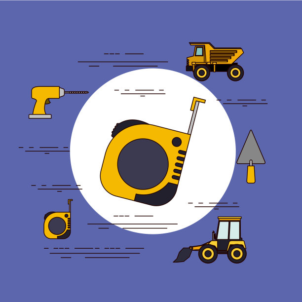 彩色背景圆形框架用卷尺和施工工具环绕图片下载