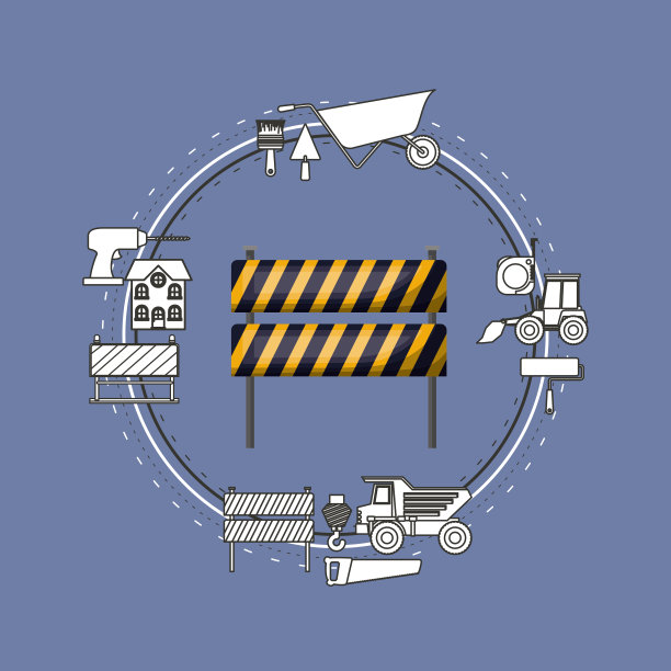 彩色背景圆形框架与交通屏障与黄色和黑色条纹和工具的建设周围图片下载