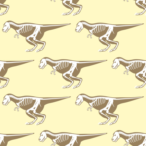恐龙骨骼轮廓无缝模式化石骨霸王龙史前动物恐龙骨矢量平面插图图片下载