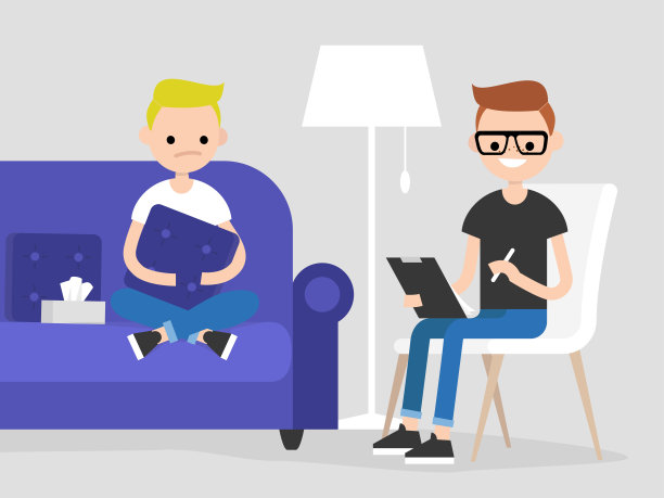 年轻的角色去看心理医生。精神卫生保健。平坦的插图。病人坐在沙发上，抱着枕头。年轻友善的医生一边听病人说话一边做笔记图片下载