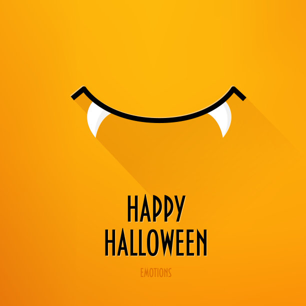 万圣节快乐卡片与吸血鬼的微笑和问候文字在橙色的背景。平面设计。向量。图片下载