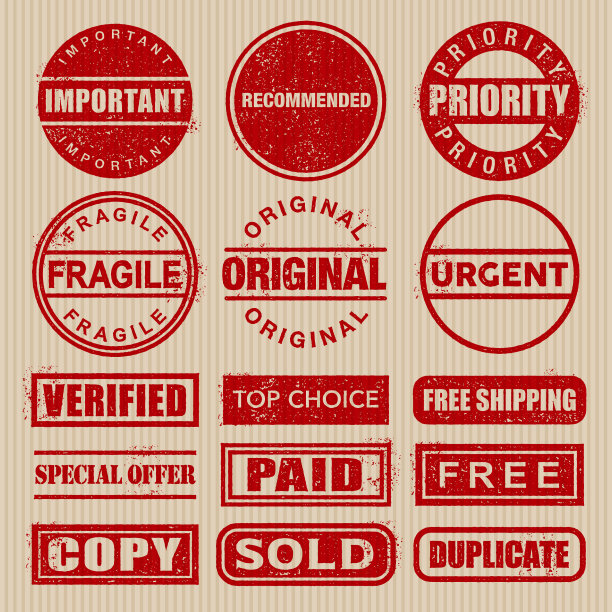 橡皮图章肮脏的红色图标设置在纸板上图片下载