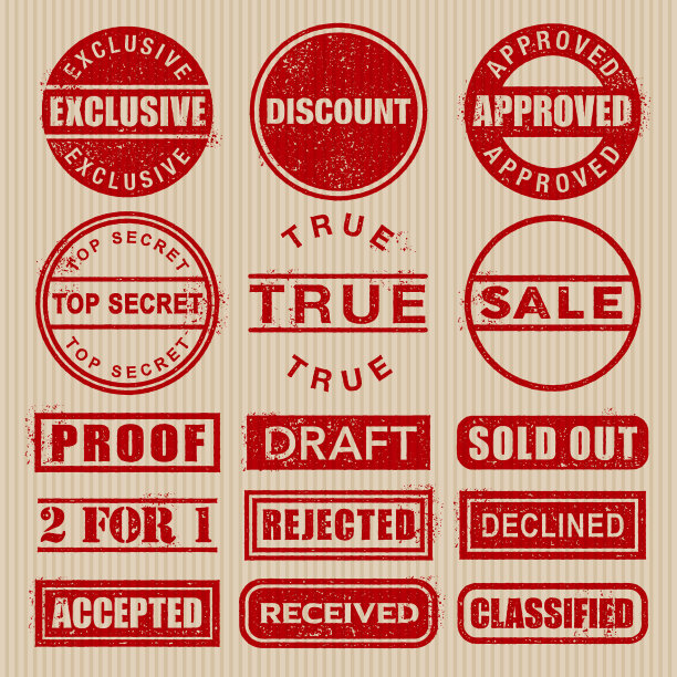 橡皮图章肮脏的红色图标设置在纸板上图片下载