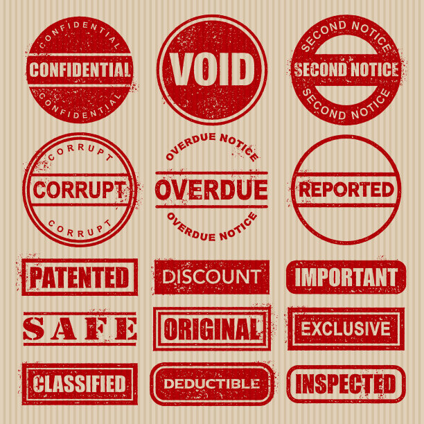 橡皮图章肮脏的红色图标设置在纸板上图片下载