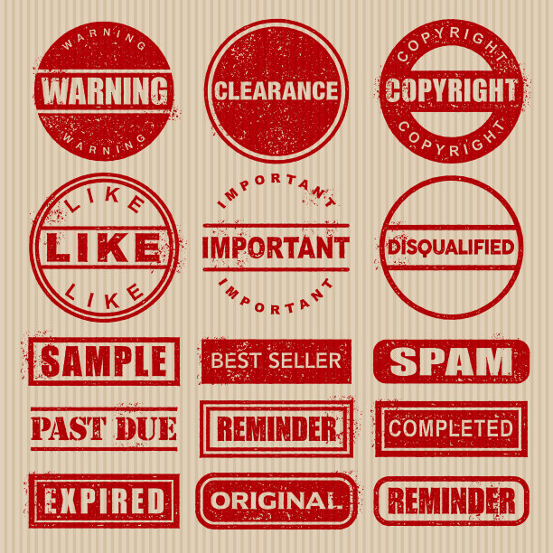 橡皮图章肮脏的红色图标设置在纸板上图片下载