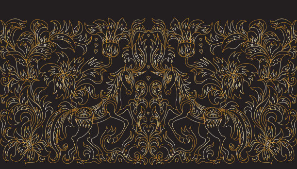 黑色背景独角兽花卉装饰矢量无缝图案素材图片