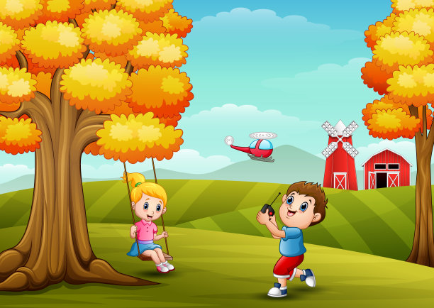 快乐的孩子们在农场的背景下玩耍图片下载