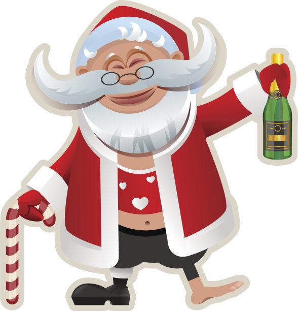 圣诞快乐。有趣的喝醉了的圣诞老人拿着一瓶香槟图片下载