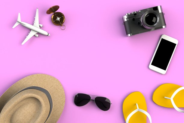 Top view of Traveler’s accessories on pink table background, Essential vacation items, Travel concept, 3D渲染图片下载