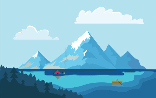 山中的湖。船在水上，篝火旁的游客帐篷就在岸边。矢量插图。图片下载