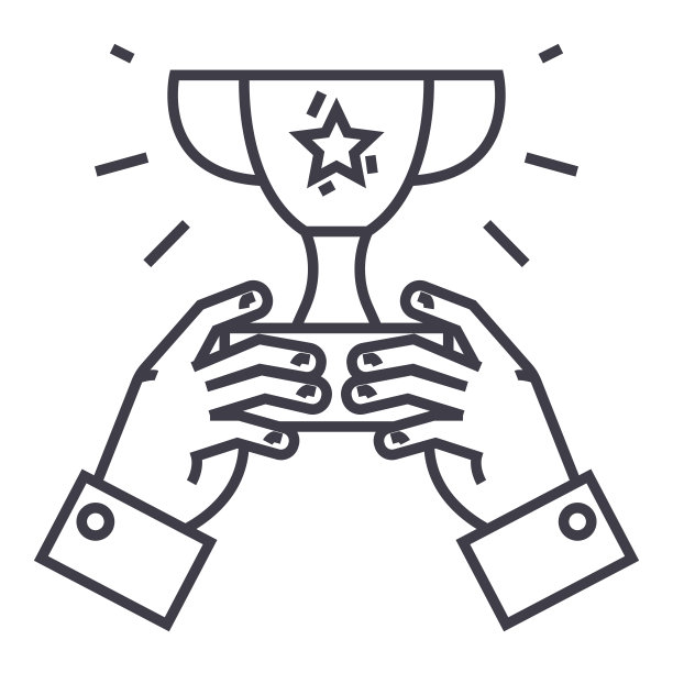 优胜者杯，奖杯在手中，冠军胜利矢量线图标，标志，插图的背景，可编辑的笔触图片下载