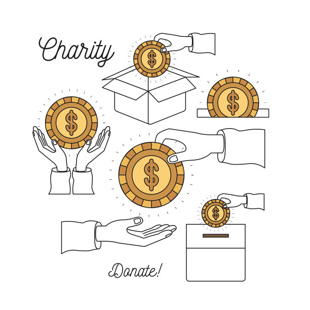 彩色剪影图像集慈善帮助他人和手存入硬币美元符号在手掌图片下载