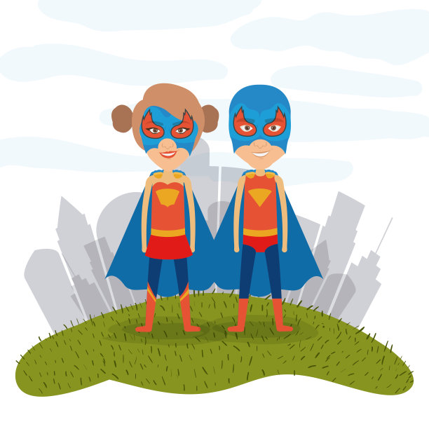 白色背景的城市景观和草地上的超级英雄男女夫妇图片下载