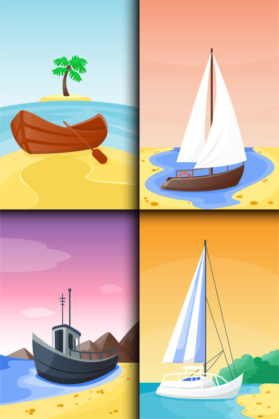 夏季时间船度假自然热带海滩景观天堂岛度假泻湖矢量插图图片下载