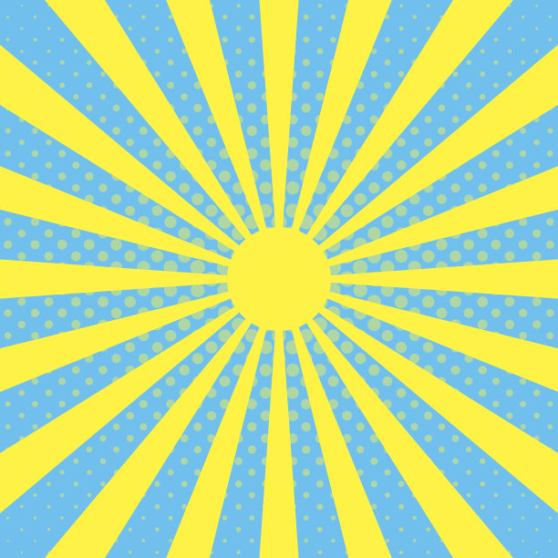 波普艺术背景与太阳光束光线在蓝天背景，半色调效果，矢量光束，射线的太阳冲击波，辐射性的照耀图片下载