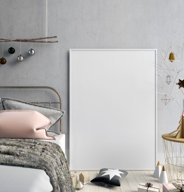 现代圣诞室内卧室，斯堪的纳维亚风格。3 d演示。海报模型图片下载