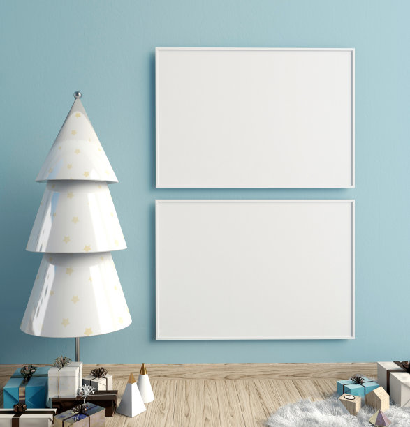现代简约圣诞室内设计，斯堪的纳维亚风格。3 d演示。海报模型图片下载
