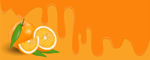 橙色水果在黄色和橙色的背景，流动多汁的糖浆和文本复制空间。矢量插图。图片下载