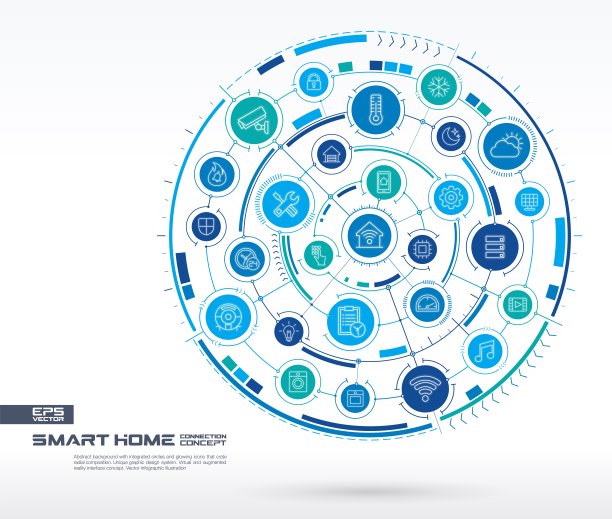 摘要智能家居技术背景。数字连接系统集成圆，发光细线图标。图片下载