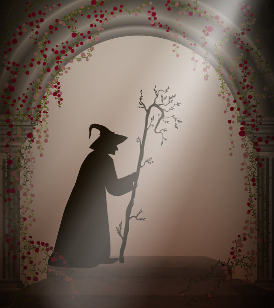 废弃城堡中的老巫婆或老巫师，万圣节人物，万圣节背景，图片下载