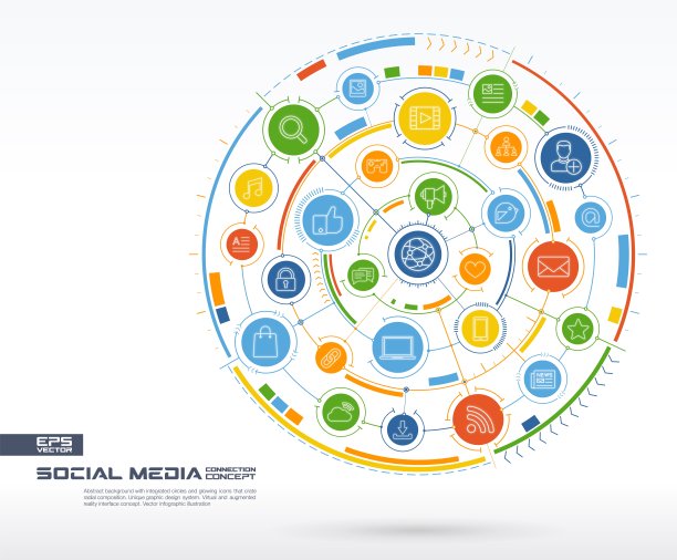 社交媒体背景。数字连接系统集成圆，发光细线图标。图片下载