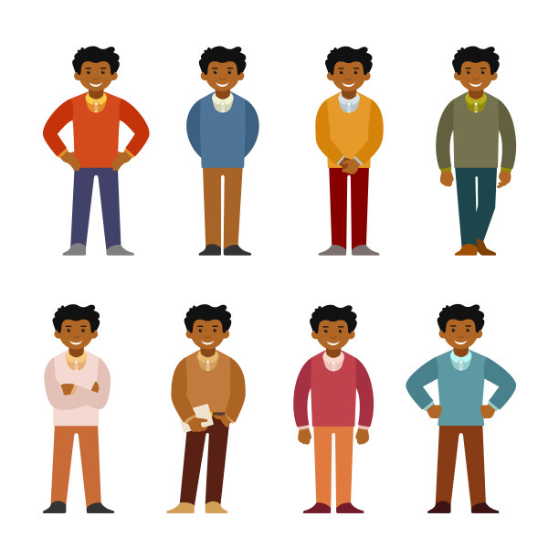 卡通非洲人在商务套装设置扁平风格。不同的姿势和衣服。图片下载
