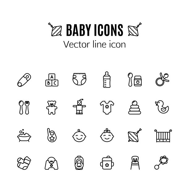 婴儿护理细线图标设置。勾勒笔画喂食、游戏、沐浴象形文字。别针、汽车座椅、高脚椅、婴儿监视器、婴儿食品等婴儿用品图片下载