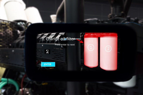 工业4.0，智能头盔技术理念。增强现实眼镜服务。工程监控、维护和更换滤油器，确保在智能工厂背景下准确运行图片下载