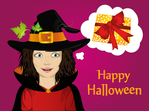 万圣节：戴帽子和巫婆服装的女孩。女孩许愿。她梦想着更好。矢量。节日或派对的邀请卡或请柬。波普艺术思想泡泡图片下载