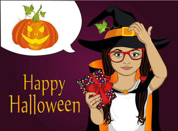 万圣节：戴帽子的小女巫拿着礼物矢量图图片下载