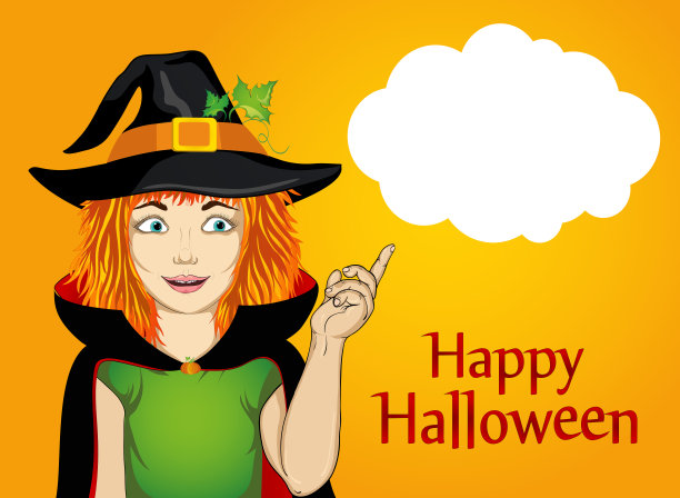 万圣节女巫装扮女孩指着泡泡矢量插画图片下载