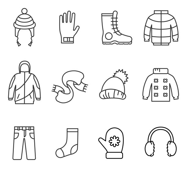 冬季服装，线条图标集。图片下载