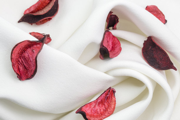 红玫瑰的叶子和白色的织物。爱情和爱情日的概念图片下载