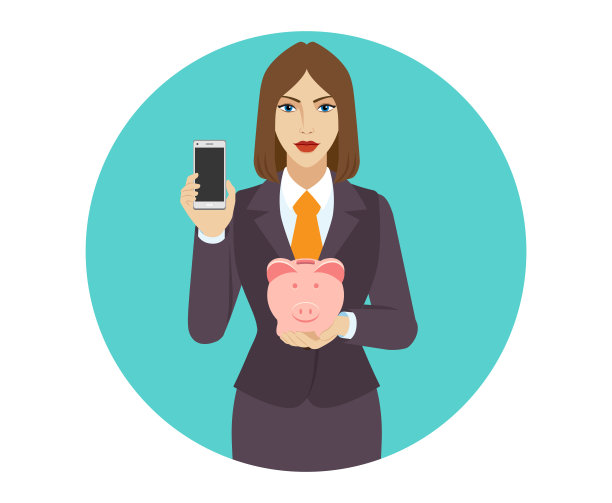拿着手机和存钱罐的女商人。图片下载