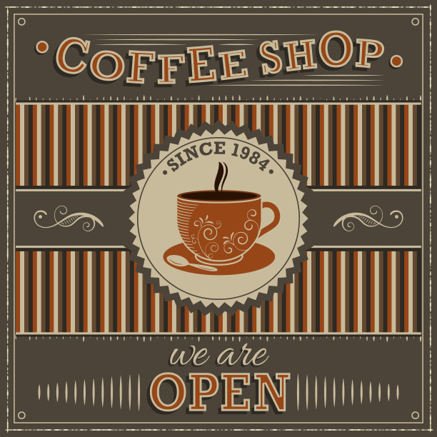 咖啡店矢量复古插图。标签与橙色的咖啡杯和题词打开。图片下载