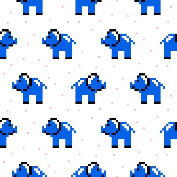 蓝色大象卡通像素艺术无缝图案图片下载