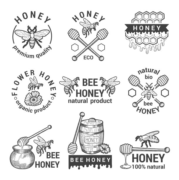 黑白标签设置蜂蜜，蜜蜂和蜂窝素材图片