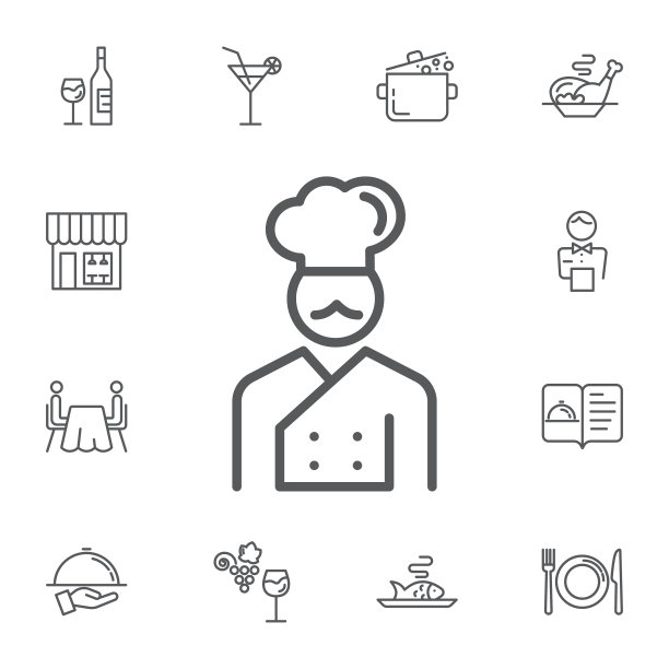 厨师图标。餐厅向量线图标的简单设置。图片下载