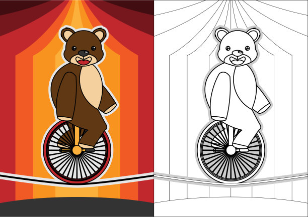 马戏团熊骑在自行车上为涂色书或书页漫画图片下载