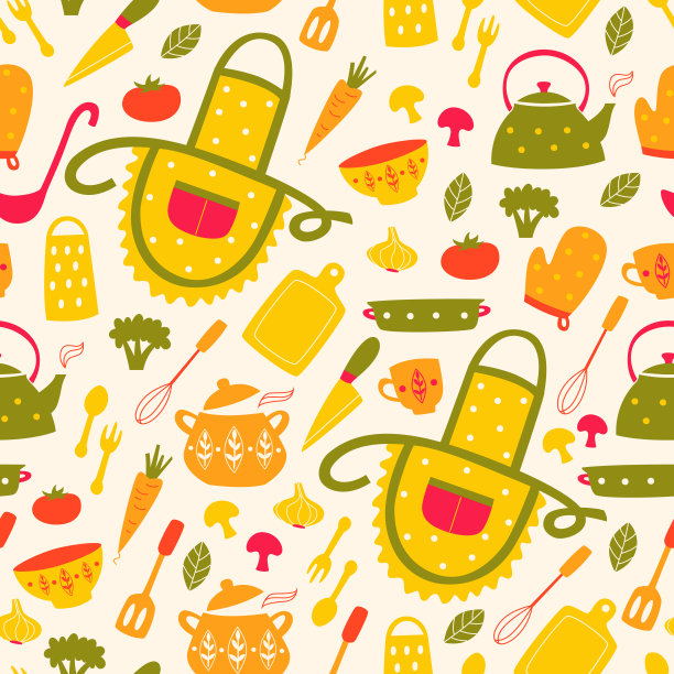 无缝模式与元素厨房和烹饪。图片下载