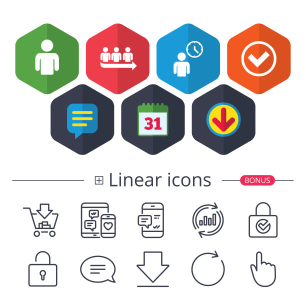 队列的图标。人等待信号。检查和时间。图片下载