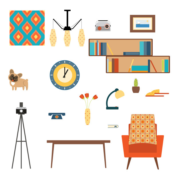 70年代风格的书架、图案、花瓶、花、灯、狗、钟、电话、画、桌子、扶手椅、三脚架相机等客厅内部元素集合。素材图片