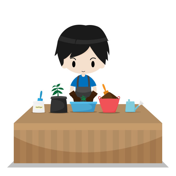 微笑的男人在桌子上种花。图片下载