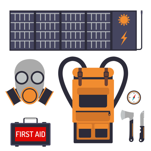 逃生应急包，撤离矢量设备项目，旅行露营工具，背包探险旅游徒步灾难图片下载
