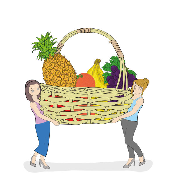 雌性会养一篮子浆果和水果。收割。为设计和信息图手绘卡通矢量插图。图片下载
